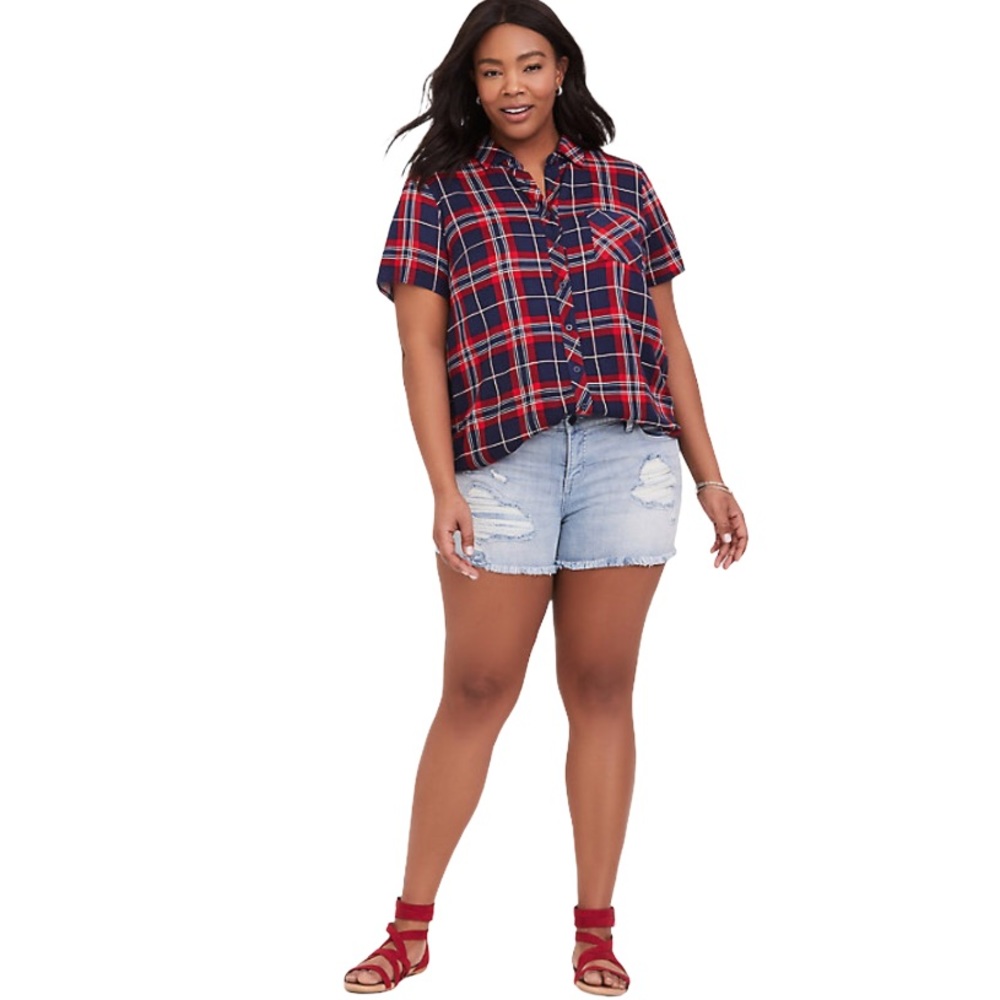 Torrid Red Navy Plaid Challis Button Down Shirt
